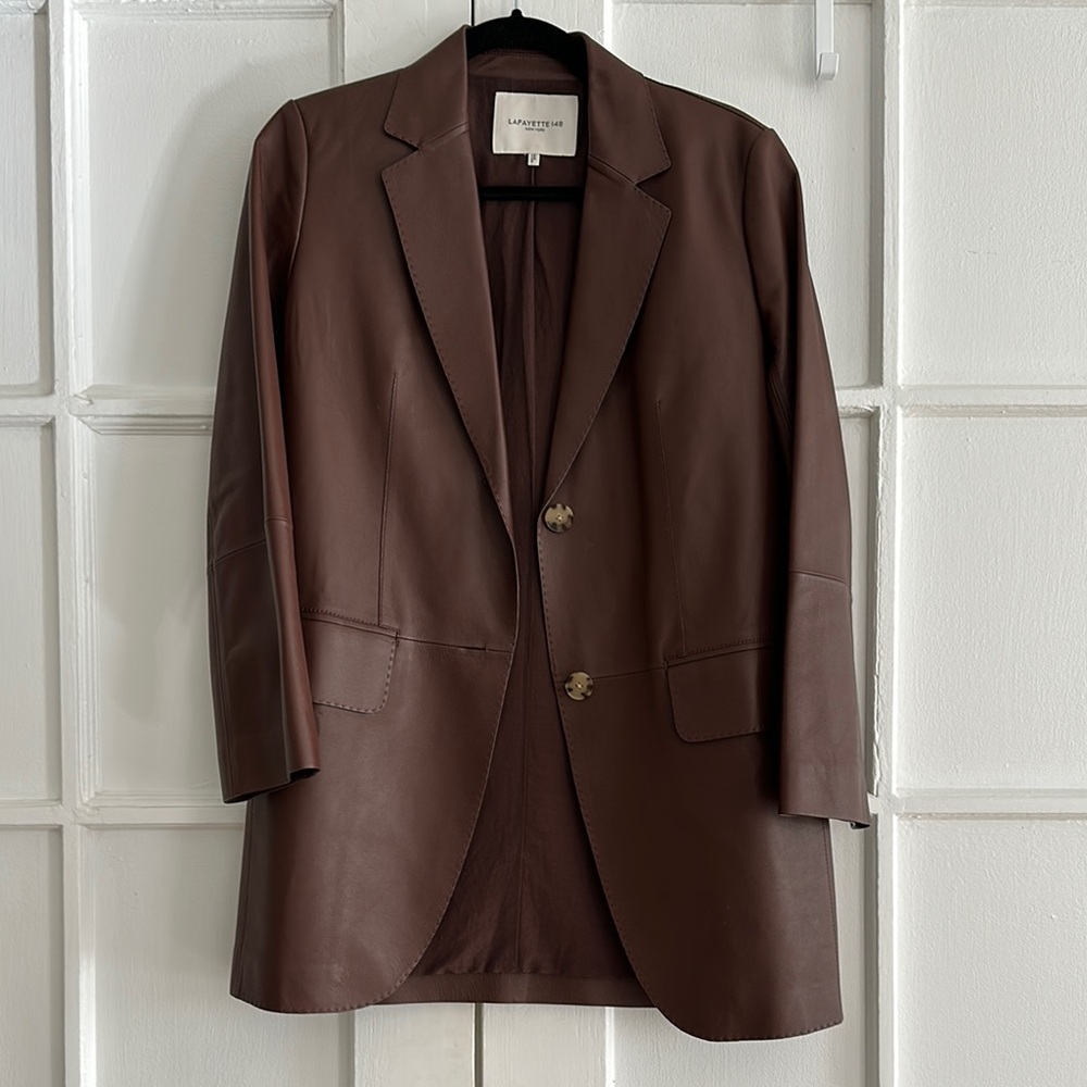 Lafayette 148 Brown Burgundy Lambskin Leather Blazer size S